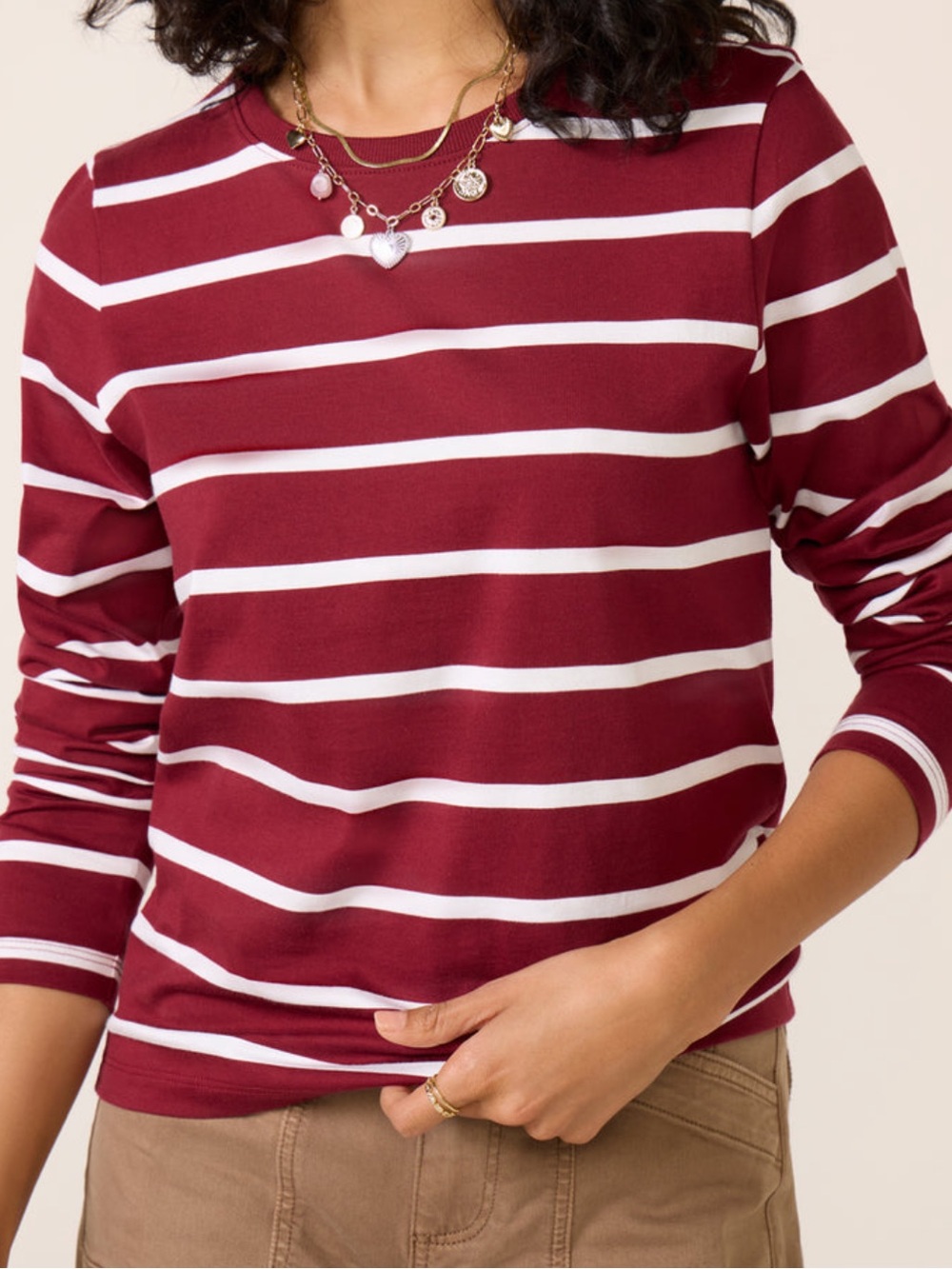 Evereve Maroon and White Striped Long Sleeve Ever Perfect Tee Sz M Pima Cotton